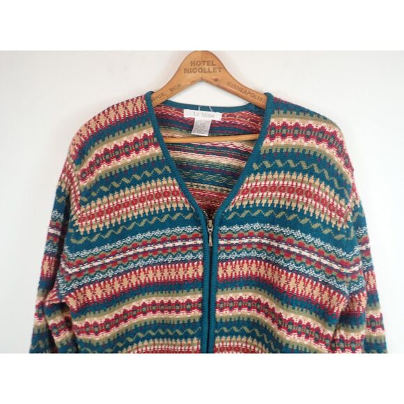 La Moda Cardigan Patterned Green Red Strip Zipper Front Size Large - Picture 3 of 6